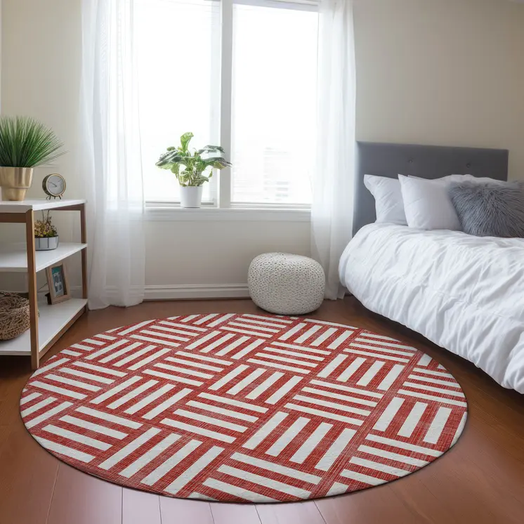 8' Red And Ivory Round Geometric Washable Indoor Outdoor Area Rug