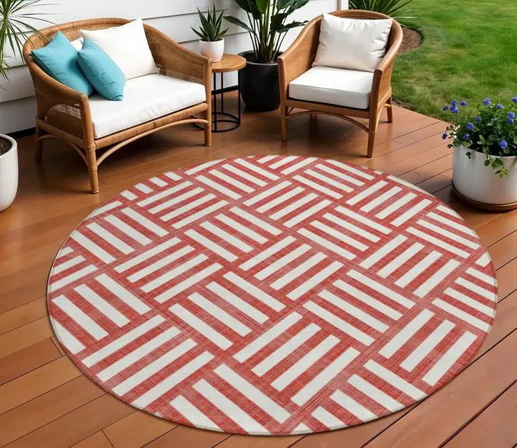 8' Red And Ivory Round Geometric Washable Indoor Outdoor Area Rug