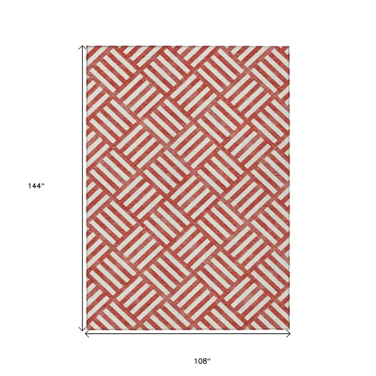 9' X 12' Red And Ivory Geometric Washable Indoor Outdoor Area Rug