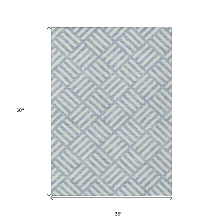 3' X 5' Sky Blue And Ivory Geometric Washable Indoor Outdoor Area Rug