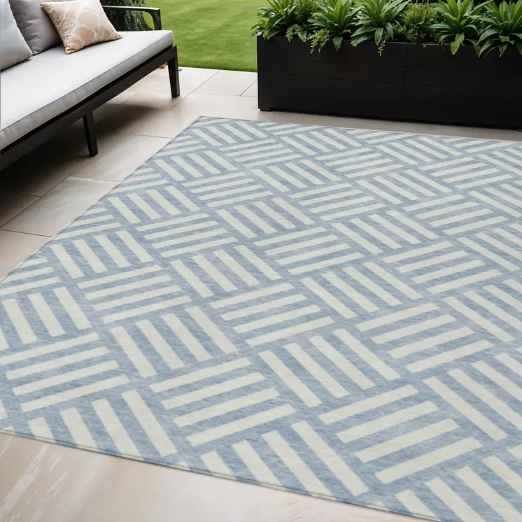 5' X 8' Sky Blue And Ivory Geometric Washable Indoor Outdoor Area Rug