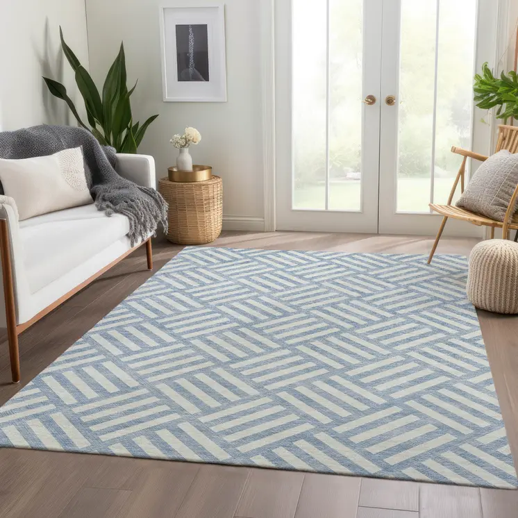 5' X 8' Sky Blue And Ivory Geometric Washable Indoor Outdoor Area Rug