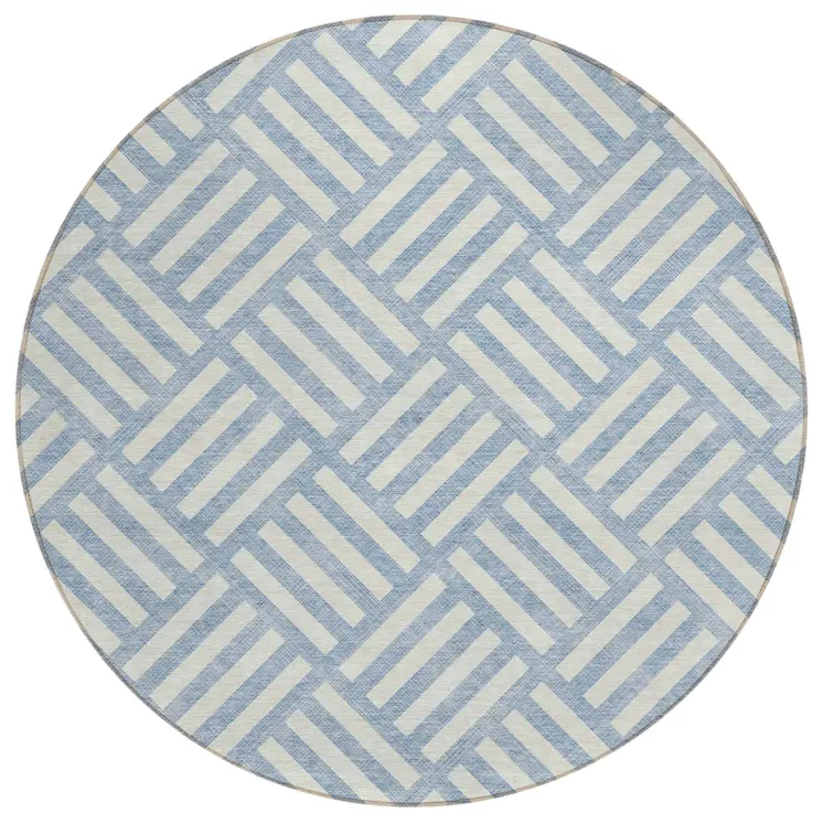 8' Sky Blue And Ivory Round Geometric Washable Indoor Outdoor Area Rug