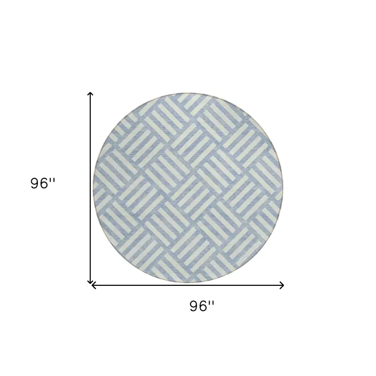 8' Sky Blue And Ivory Round Geometric Washable Indoor Outdoor Area Rug