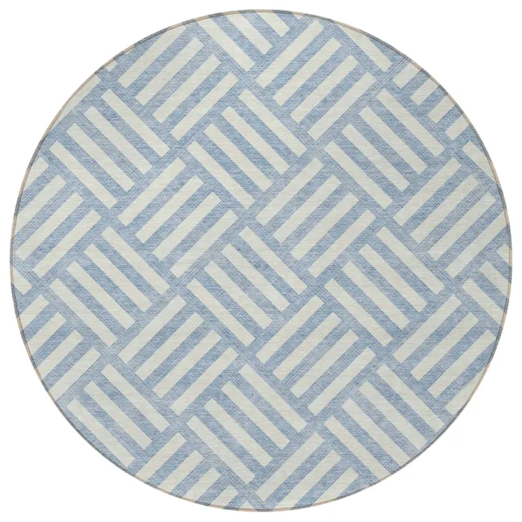 8' Sky Blue And Ivory Round Geometric Washable Indoor Outdoor Area Rug