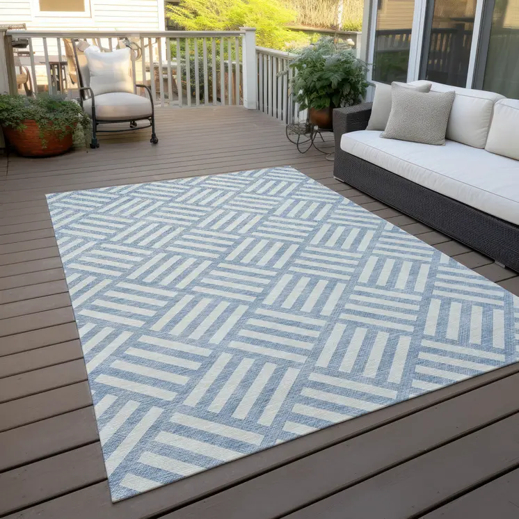 8' X 10' Sky Blue And Ivory Geometric Washable Indoor Outdoor Area Rug