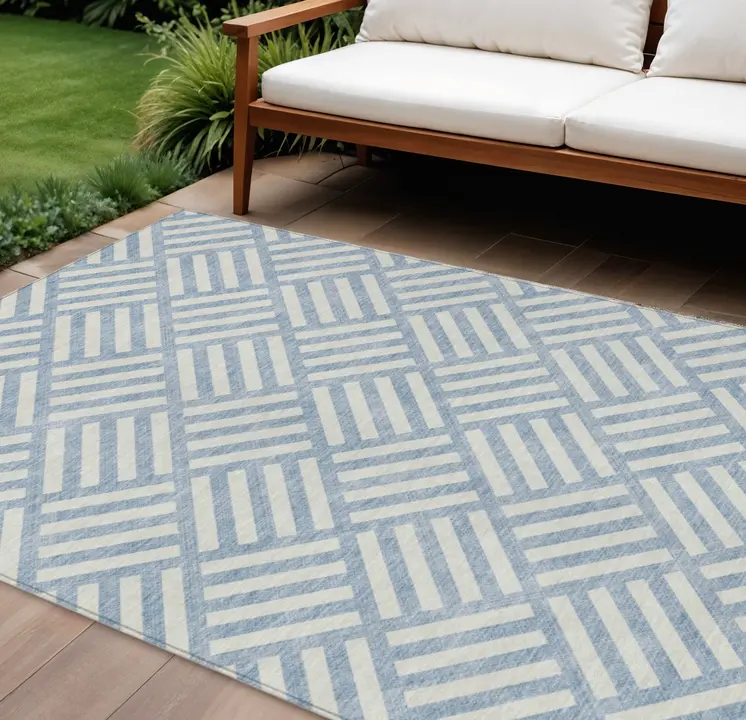 9' X 12' Sky Blue And Ivory Geometric Washable Indoor Outdoor Area Rug