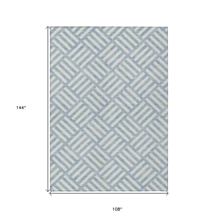 9' X 12' Sky Blue And Ivory Geometric Washable Indoor Outdoor Area Rug