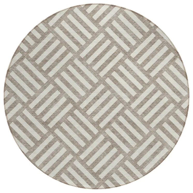 8' Taupe And Ivory Round Geometric Washable Indoor Outdoor Area Rug