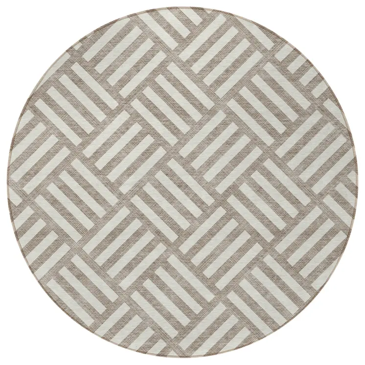 8' Taupe And Ivory Round Geometric Washable Indoor Outdoor Area Rug