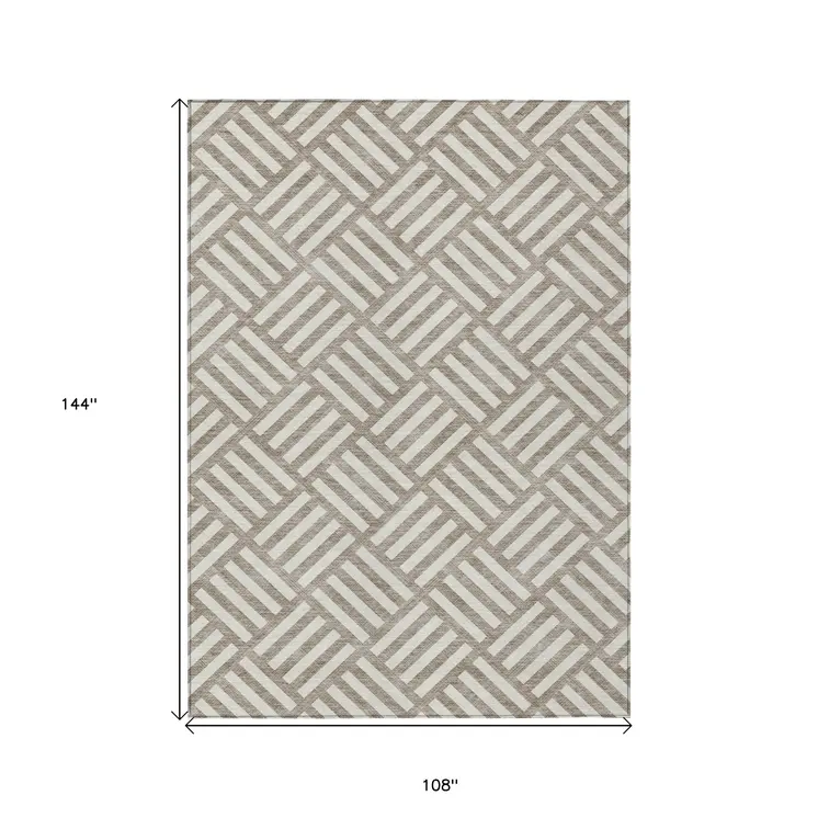 9' X 12' Taupe And Ivory Geometric Washable Indoor Outdoor Area Rug