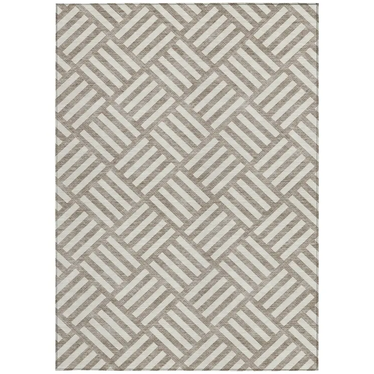 10' X 14' Taupe And Ivory Geometric Washable Indoor Outdoor Area Rug
