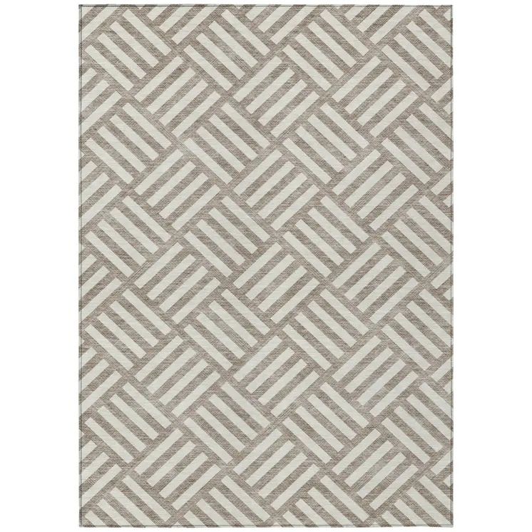 10' X 14' Taupe And Ivory Geometric Washable Indoor Outdoor Area Rug