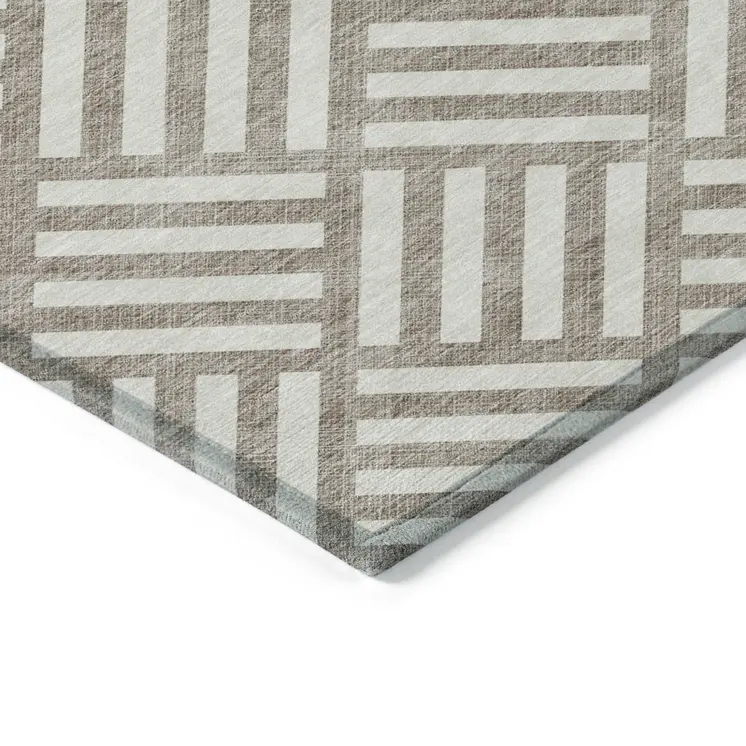10' X 14' Taupe And Ivory Geometric Washable Indoor Outdoor Area Rug