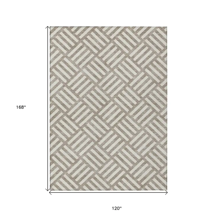 10' X 14' Taupe And Ivory Geometric Washable Indoor Outdoor Area Rug
