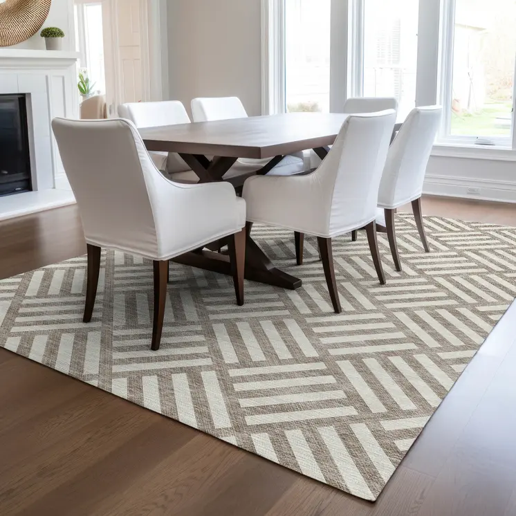 10' X 14' Taupe And Ivory Geometric Washable Indoor Outdoor Area Rug