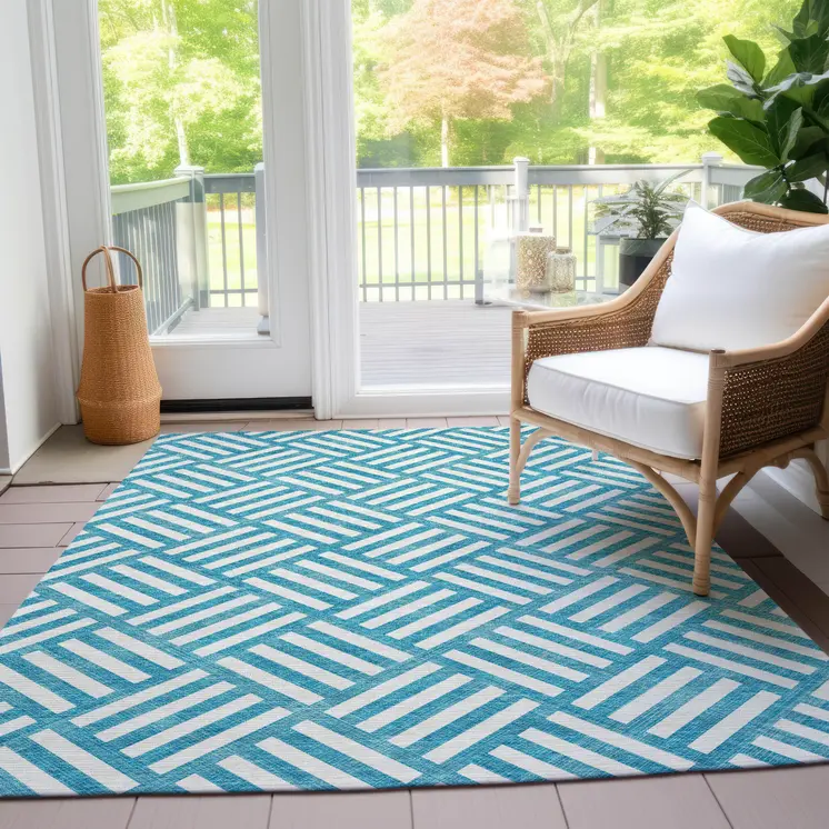 5' X 8' Teal Blue And Ivory Geometric Washable Indoor Outdoor Area Rug