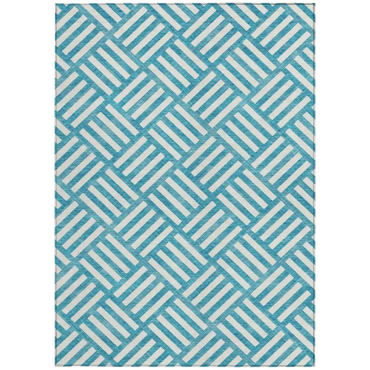 8' X 10' Teal Blue And Ivory Geometric Washable Indoor Outdoor Area Rug