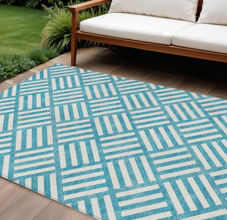 8' X 10' Teal Blue And Ivory Geometric Washable Indoor Outdoor Area Rug