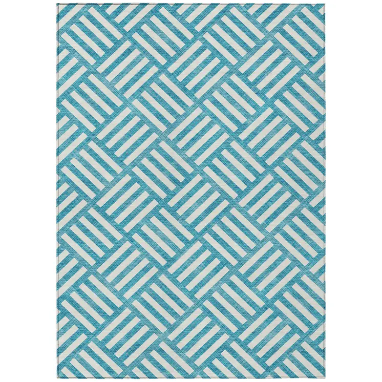 8' X 10' Teal Blue And Ivory Geometric Washable Indoor Outdoor Area Rug