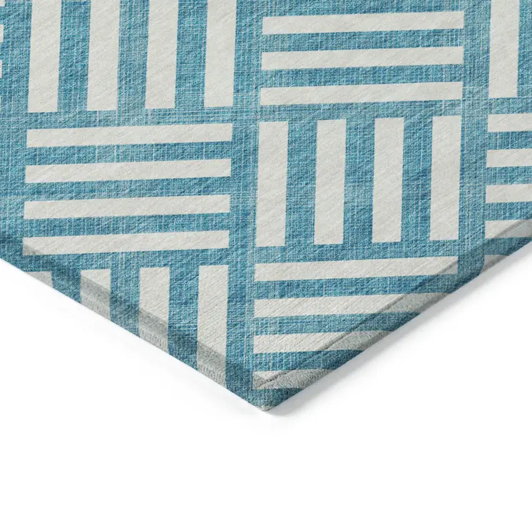 8' X 10' Teal Blue And Ivory Geometric Washable Indoor Outdoor Area Rug