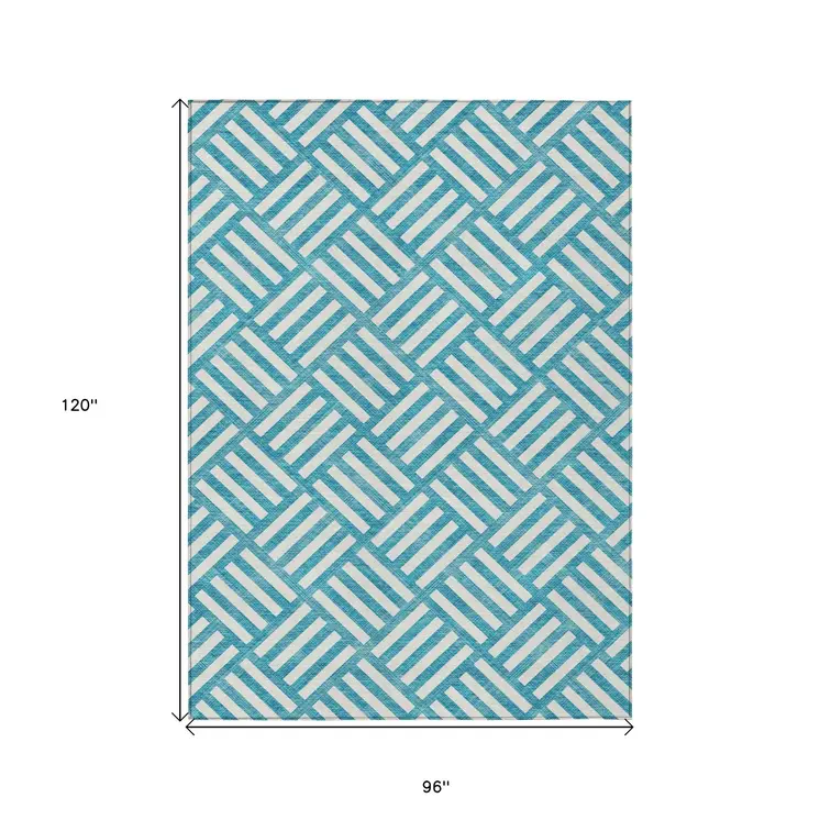 8' X 10' Teal Blue And Ivory Geometric Washable Indoor Outdoor Area Rug