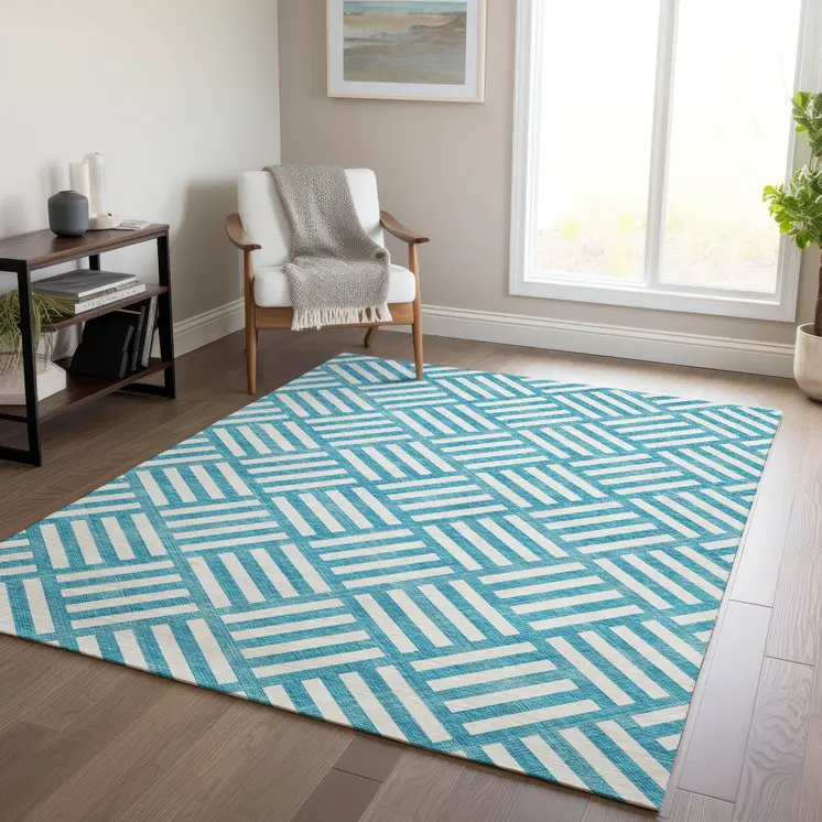 8' X 10' Teal Blue And Ivory Geometric Washable Indoor Outdoor Area Rug