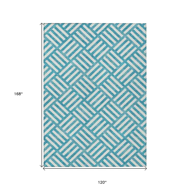 10' X 14' Teal Blue And Ivory Geometric Washable Indoor Outdoor Area Rug