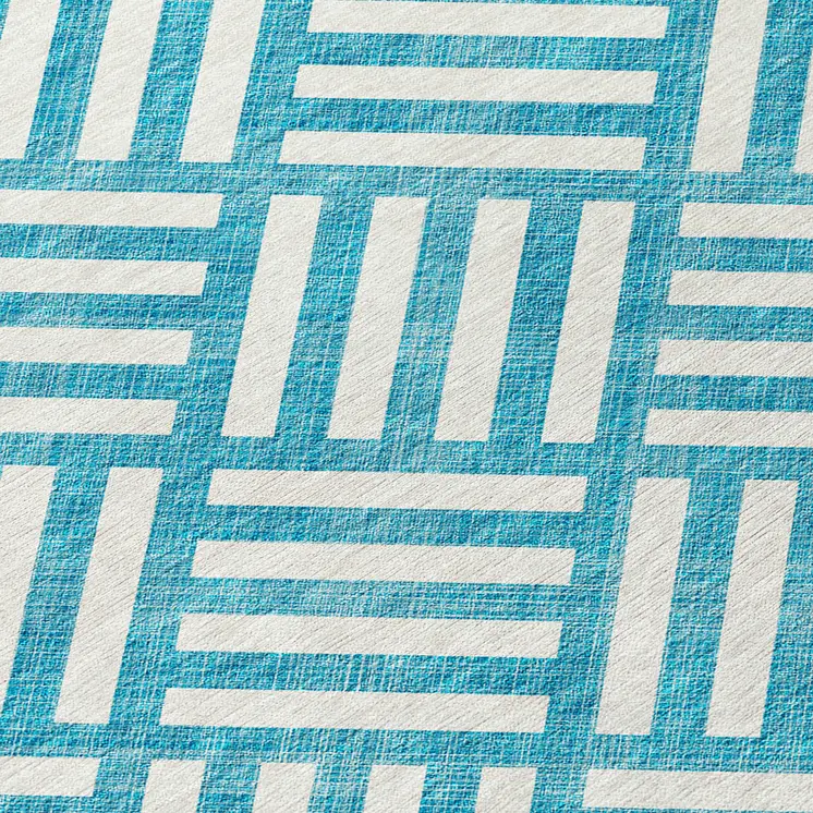 10' X 14' Teal Blue And Ivory Geometric Washable Indoor Outdoor Area Rug