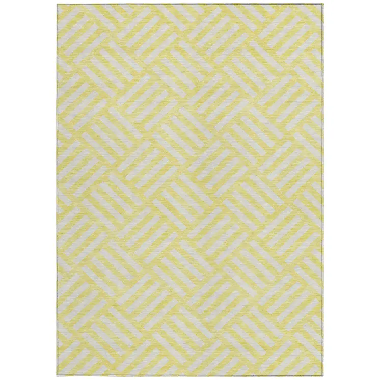 5' X 8' Yellow And Ivory Geometric Washable Indoor Outdoor Area Rug