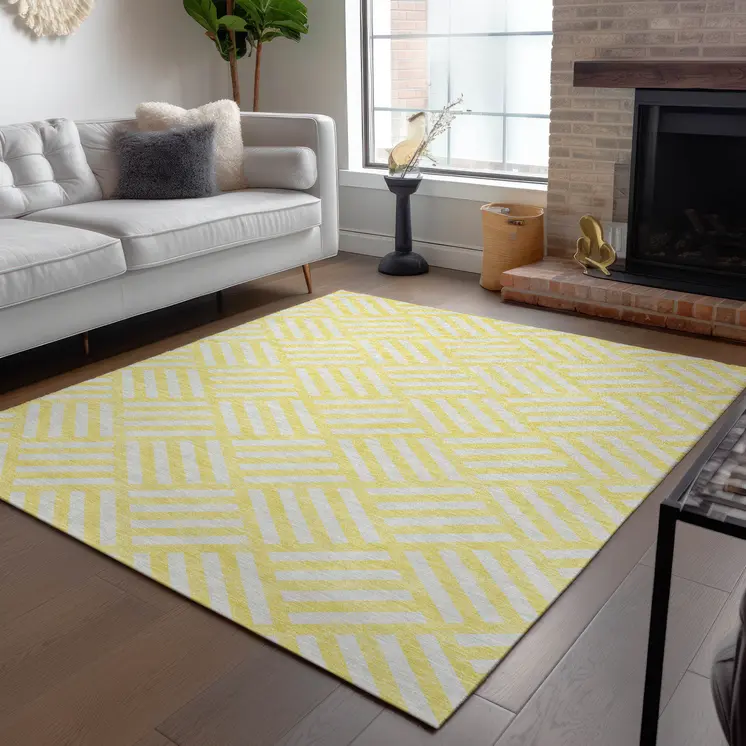 5' X 8' Yellow And Ivory Geometric Washable Indoor Outdoor Area Rug