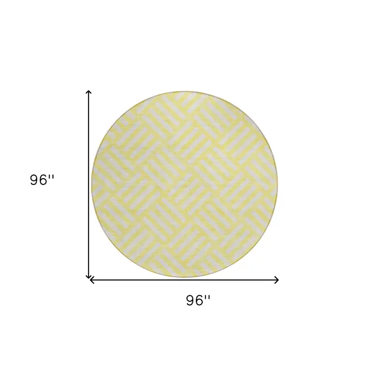 8' Yellow And Ivory Round Geometric Washable Indoor Outdoor Area Rug