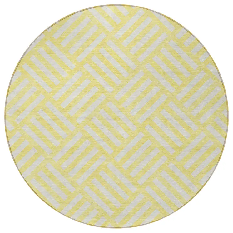 8' Yellow And Ivory Round Geometric Washable Indoor Outdoor Area Rug