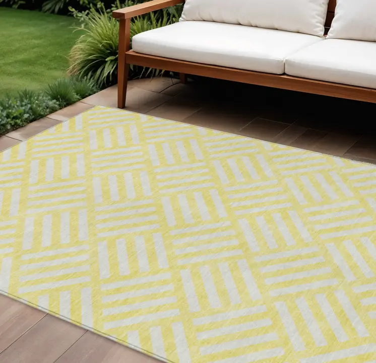 9' X 12' Yellow And Ivory Geometric Washable Indoor Outdoor Area Rug
