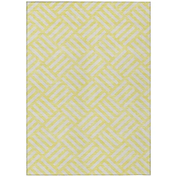9' X 12' Yellow And Ivory Geometric Washable Indoor Outdoor Area Rug