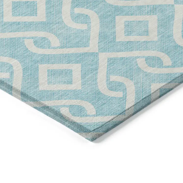 3' X 5' Aqua And Ivory Geometric Washable Indoor Outdoor Area Rug