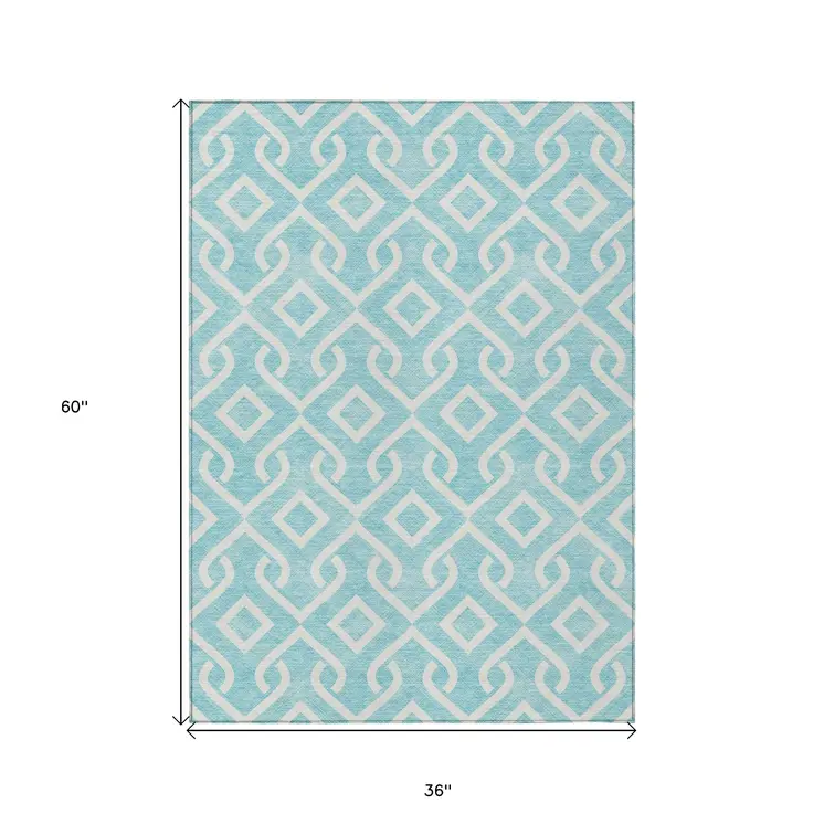 3' X 5' Aqua And Ivory Geometric Washable Indoor Outdoor Area Rug