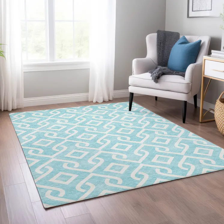 5' X 8' Aqua And Ivory Geometric Washable Indoor Outdoor Area Rug