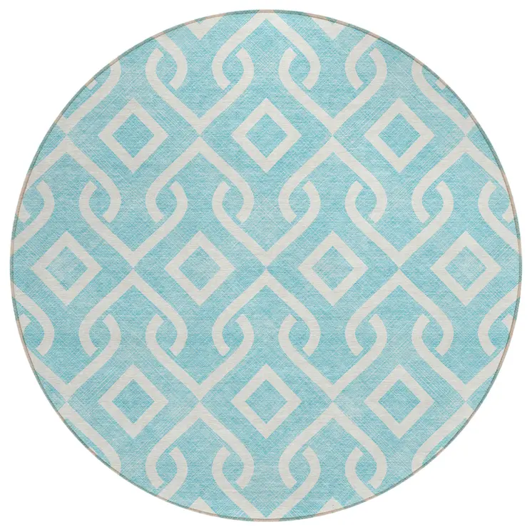 8' Aqua And Ivory Round Geometric Washable Indoor Outdoor Area Rug