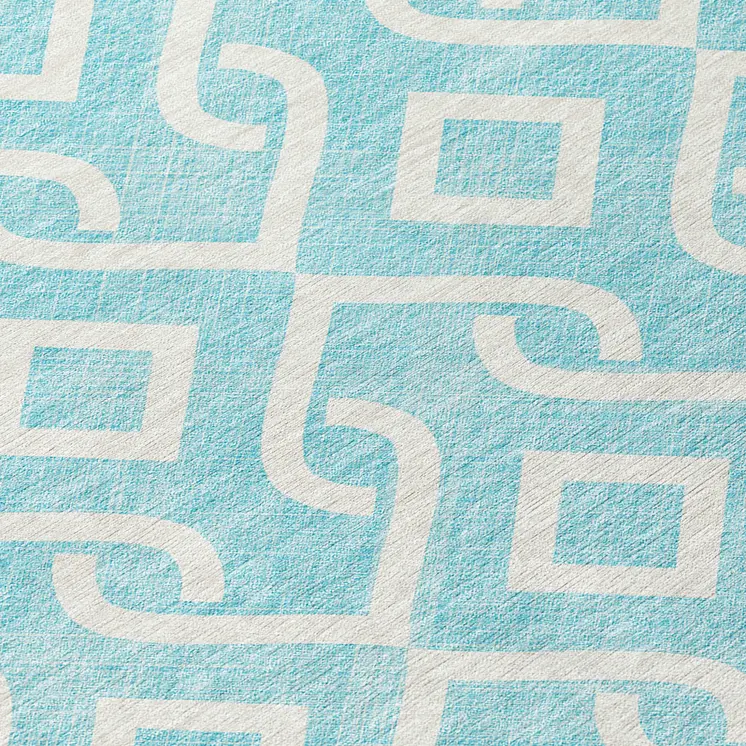 8' Aqua And Ivory Round Geometric Washable Indoor Outdoor Area Rug