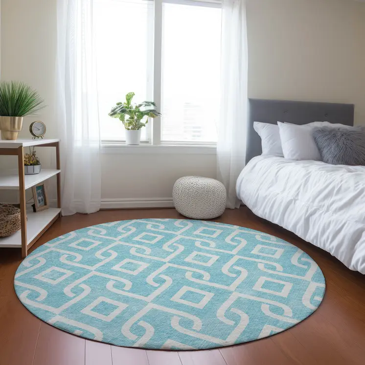 8' Aqua And Ivory Round Geometric Washable Indoor Outdoor Area Rug