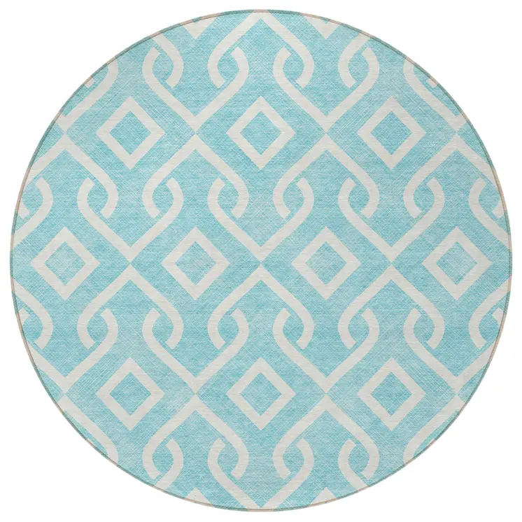 8' Aqua And Ivory Round Geometric Washable Indoor Outdoor Area Rug