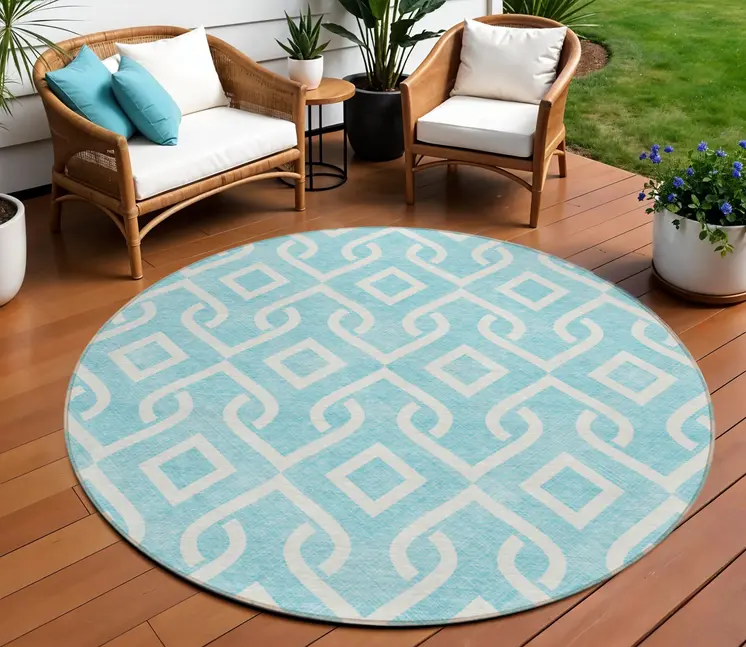 8' Aqua And Ivory Round Geometric Washable Indoor Outdoor Area Rug