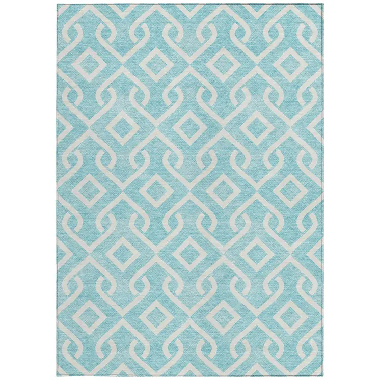 10' X 14' Aqua And Ivory Geometric Washable Indoor Outdoor Area Rug