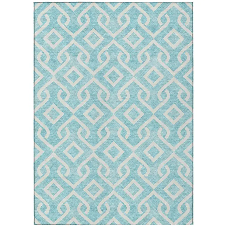 10' X 14' Aqua And Ivory Geometric Washable Indoor Outdoor Area Rug