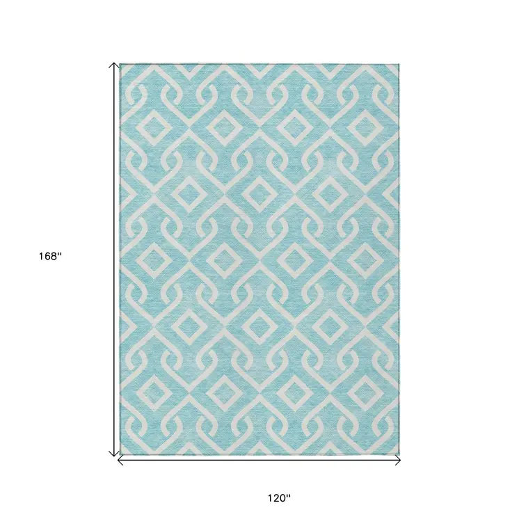 10' X 14' Aqua And Ivory Geometric Washable Indoor Outdoor Area Rug