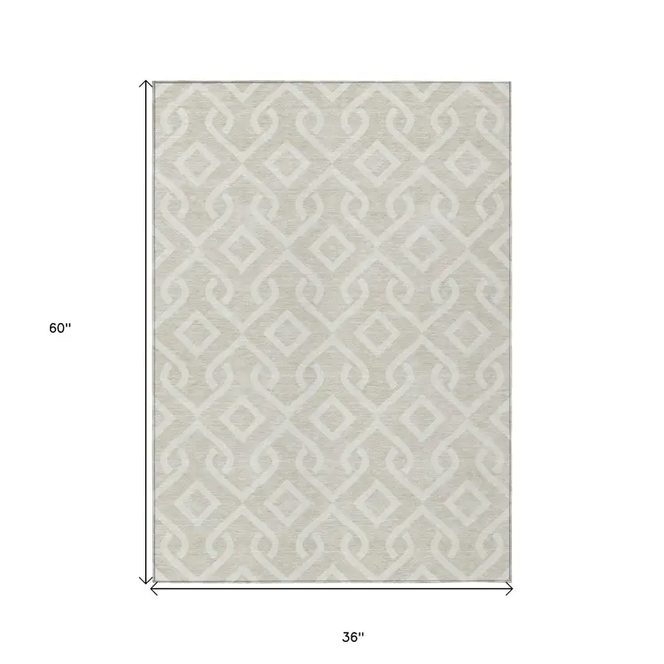 3' X 5' Beige And Ivory Geometric Washable Indoor Outdoor Area Rug