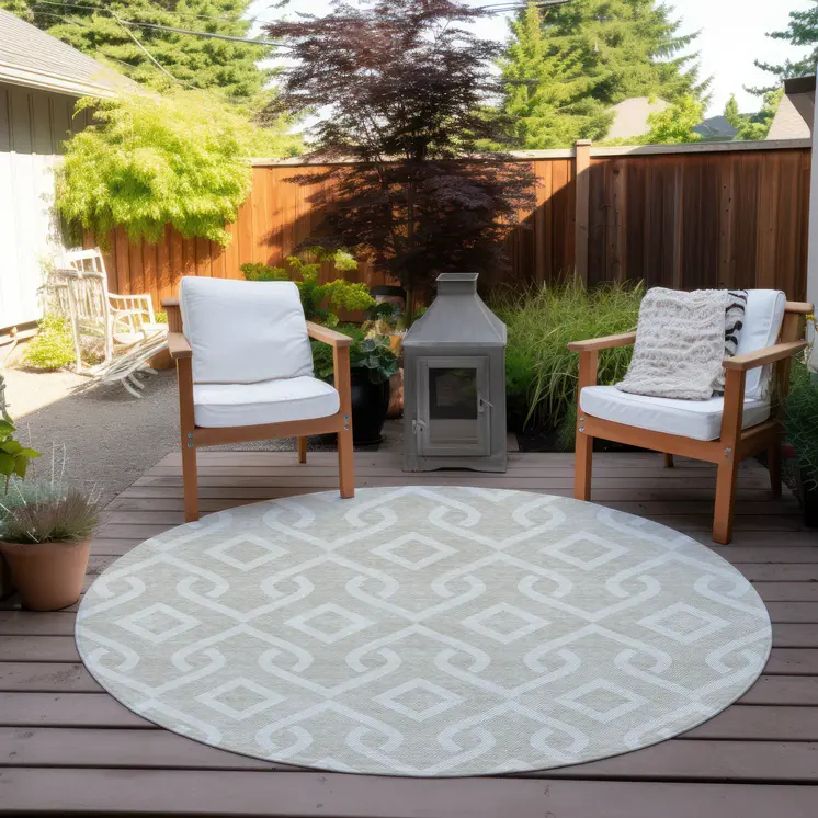8' Beige And Ivory Round Geometric Washable Indoor Outdoor Area Rug