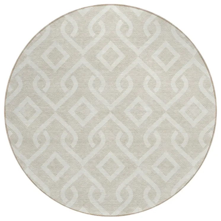 8' Beige And Ivory Round Geometric Washable Indoor Outdoor Area Rug