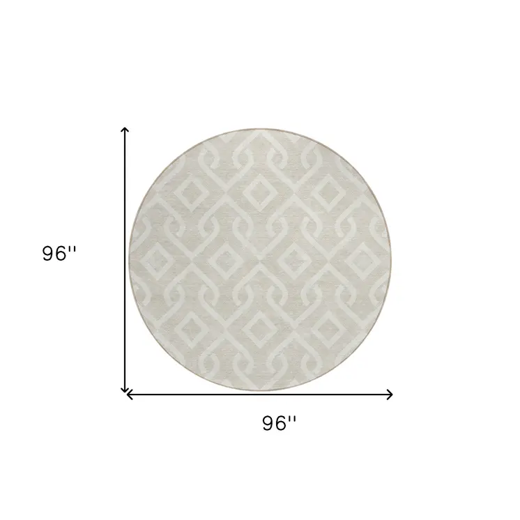 8' Beige And Ivory Round Geometric Washable Indoor Outdoor Area Rug